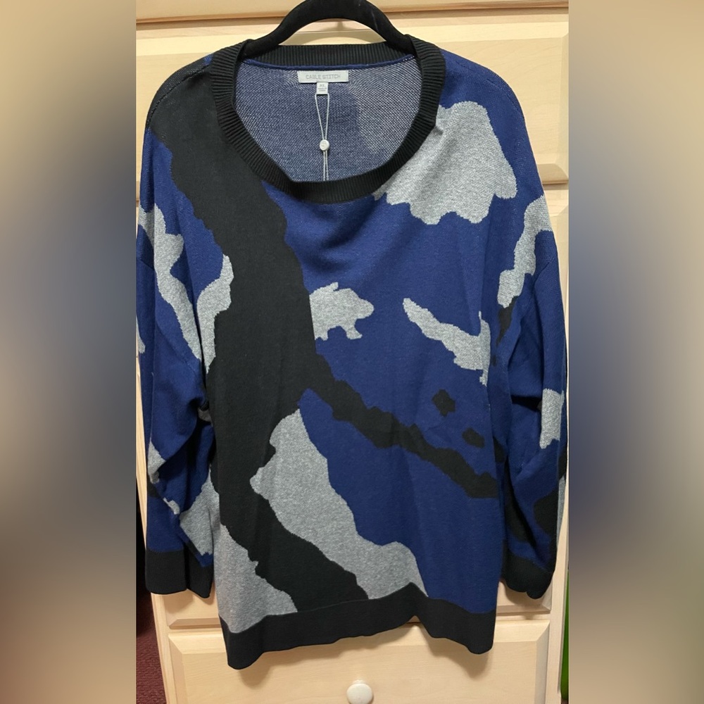 Cable Stitch Women's Jacquard Sweater- Camo Print 7/8 Sleeve Loose Fit Soft Top